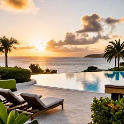 Caribbean Holidays, Antigua Luxury Holidays, Elegant Antigua hotel terrace at sunset in August, with infinity pool, comfortable loungers, tropical gardens and a view across the Caribbean Sea
