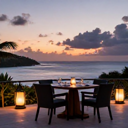 Caribbean Holidays, Antigua Luxury Holidays, Elegant Antigua resort terrace at sunset, outdoor dining table, soft lantern light and view across the Caribbean Sea