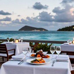 Caribbean Holidays, Antigua Luxury Holidays, Elegant Antigua restaurant terrace overlooking the sea, beautifully presented Caribbean seafood dinner and relaxed evening atmosphere