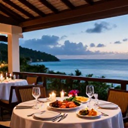 Caribbean Holidays, Antigua Luxury Holidays, Elegant Caribbean dinner at an Antigua resort, fresh seafood, tropical vegetables, candlelit terrace and ocean view