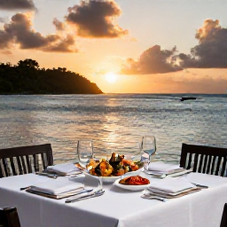 Caribbean Holidays, Antigua Luxury Holidays, Elegant dinner table at a waterside restaurant in Antigua with fresh seafood and sunset views