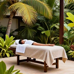 Caribbean Holidays, Antigua Luxury Holidays, Luxury Antigua resort spa treatment in a tranquil tropical garden, natural textures, palm leaves and peaceful atmosphere