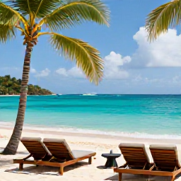 Caribbean Holidays, Antigua Luxury Holidays, Luxury beachfront resort in Antigua at the end of the summer, turquoise sea, palm trees and elegant sun loungers