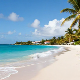 Caribbean Holidays, Antigua Luxury Holidays, Luxury beachfront resort in Antigua during August, with turquoise sea, white sand beach, palm trees and elegant suites under bright tropical skies