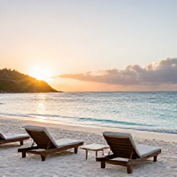 Caribbean Holidays, Antigua Luxury Holidays, Luxury beachfront resort on Antigua at sunrise in January, calm turquoise sea, white sand and elegant sun loungers