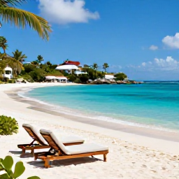 Caribbean Holidays, Antigua Luxury Holidays, Luxury beachfront resort on Antigua in May, bright turquoise sea, white sand beach, elegant sun loungers and tropical gardens