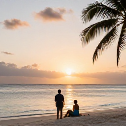 Caribbean Holidays, Antigua Luxury Holidays, Luxury couple enjoying a quiet sunset on an Antigua beach, soft golden light, calm sea and palm silhouettes