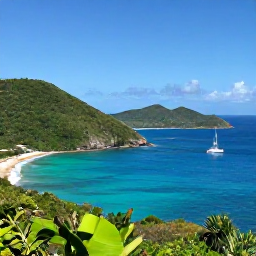 Caribbean Holidays, Antigua Luxury Holidays, Luxury yacht sailing along Antigua coastline in May, green hills, hidden coves, deep blue Caribbean sea and clear sky