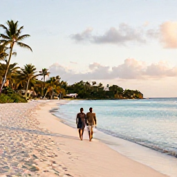 Caribbean Holidays, Antigua Luxury Holidays, Quiet luxury beach in Antigua in August, with couple walking beside calm turquoise water, soft white sand, palm trees and warm evening light