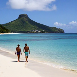 Caribbean Holidays, Antigua Luxury Holidays, Secluded white sand beach in Antigua with clear shallow water, a couple walking beside the sea and green hills in the background