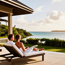 Caribbean Holidays, Antigua Luxury July, Luxury Antigua holiday couple relaxing on a private terrace overlooking the Caribbean, warm July sunshine and tropical greenery