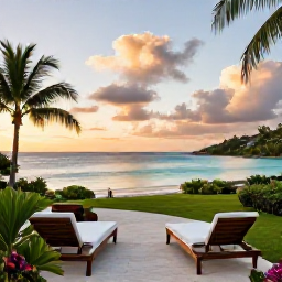Caribbean Holidays, Antigua Luxury July, Luxury beachfront resort in Antigua at sunset, calm turquoise sea, elegant loungers and tropical gardens