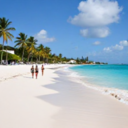 Caribbean Holidays, Antigua Luxury July, Pristine Antigua beach in July with white sand, turquoise water, palm trees and a couple walking along the shoreline