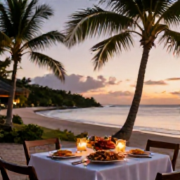 Caribbean Holidays, Antigua Luxury November, Antigua sunset dining table on a beach with Caribbean seafood, candles, palm trees and warm evening light