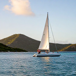 Caribbean Holidays, Antigua Luxury November, Couple sailing near Antigua coastline at golden hour, calm turquoise water, luxury yacht and green hills