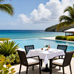 Caribbean Holidays, Antigua Luxury October, Elegant Antigua resort terrace overlooking the sea, infinity pool, tropical garden and refined outdoor dining setting