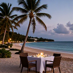 Caribbean Holidays, Antigua Luxury October, Elegant Caribbean dinner on an Antigua beach at dusk, softly lit table, palm trees and calm sea