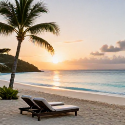 Caribbean Holidays, Antigua Luxury October, Luxury beachfront resort in Antigua at sunset in October, calm turquoise sea, white sand beach, elegant loungers and palm trees