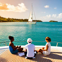 Caribbean Holidays, Antigua Luxury October, Luxury yacht sailing past Antigua coastline in warm October sunshine, guests enjoying the deck and bright turquoise water
