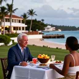 Caribbean Holidays, Antigua March Holidays, A couple dining outdoors at an Antigua all-inclusive resort, with Caribbean dishes, fresh fruit, warm evening light and relaxed island surroundings
