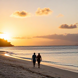 Caribbean Holidays, Antigua March Holidays, A couple walking along a quiet Antigua beach at sunset, with golden light, calm sea and a peaceful Caribbean holiday feeling