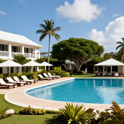 Caribbean Holidays, Antigua March Holidays, A stylish all-inclusive resort in Antigua with a swimming pool, sun loungers, tropical gardens and guests enjoying a peaceful afternoon