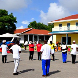 Caribbean Holidays, Antigua March Holidays, Colourful Antigua carnival-style cultural celebration with local musicians, dancers and visitors in a sunny historic town square