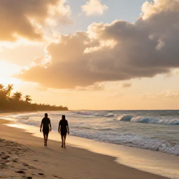 Caribbean Holidays, Antigua March Holidays, Couple walking along a secluded Antiguan beach at sunset, gentle waves and golden evening light