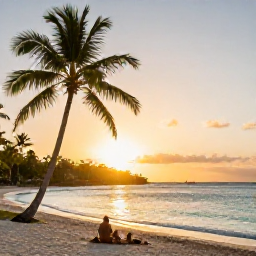 Caribbean Holidays, Antigua March Holidays, Quiet Antigua beach at sunset with palm trees, calm turquoise water and a couple enjoying a relaxed cultural holiday