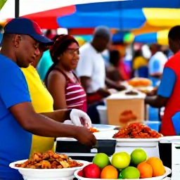 Caribbean Holidays, Antigua March Holidays, Traditional Antiguan food being prepared at a lively outdoor market, with fresh fruit, spices, seafood and friendly local vendors