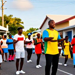 Caribbean Holidays, Antigua May Holidays, Colourful Antigua street parade with local musicians, dancers and visitors enjoying Caribbean culture in warm afternoon light