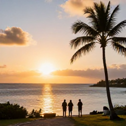 Caribbean Holidays, Antigua May Holidays, Golden sunset over Antigua coastline with palm trees, calm sea and travellers watching from a scenic viewpoint