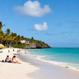 Caribbean Holidays, Antigua May Holidays, Quiet Antiguan beach with turquoise water, palm trees and visitors enjoying swimming and a relaxed picnic