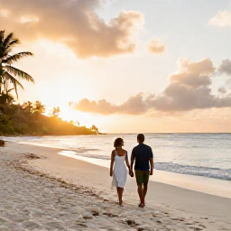 Caribbean Holidays, Antigua May Honeymoons, A newlywed couple walking hand in hand along a quiet white-sand beach in Antigua at sunset