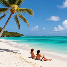 Caribbean Holidays, Antigua May Honeymoons, Couple relaxing on a secluded Antigua beach beside clear turquoise water and swaying palm trees