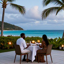 Caribbean Holidays, Antigua May Honeymoons, Elegant beachfront honeymoon dinner for two in Antigua with candles, tropical surroundings and ocean views
