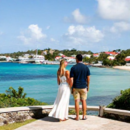 Caribbean Holidays, Antigua May Honeymoons, Newlywed couple enjoying a scenic view over English Harbour and Nelson's Dockyard in Antigua