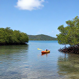 Caribbean Holidays, Antigua Nature Holidays, A calm Antigua mangrove lagoon with a small kayak, clear shallow water, red mangrove roots and distant green hills