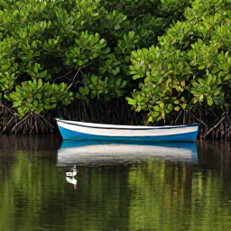 Caribbean Holidays, Antigua Nature Holidays, A calm mangrove lagoon in Antigua with a small eco-friendly boat, green foliage, wading birds and reflections in still water