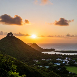 Caribbean Holidays, Antigua Nature Holidays, A golden sunset over Antigua viewed from Shirley Heights, with green hills, the harbour and the Caribbean Sea in the distance