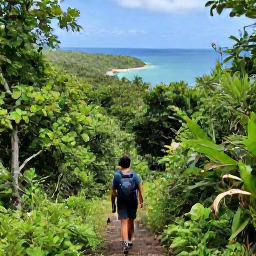 Caribbean Holidays, Antigua Nature Holidays, A hiker walking through Antigua&rsquo;s green forest towards a coastal viewpoint, with tropical vegetation and the Caribbean Sea beyond