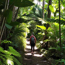 Caribbean Holidays, Antigua Nature Holidays, A lush Antigua woodland trail with tropical plants, dappled sunlight and a hiker exploring the path near Fig Tree Drive