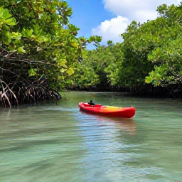 Caribbean Holidays, Antigua Nature Holidays, A mangrove lagoon in Antigua with a small kayak, clear shallow water and lush coastal vegetation
