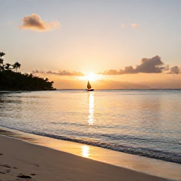 Caribbean Holidays, Antigua Nature Holidays, A peaceful Antigua beach at sunset in March, with golden light on calm water, soft sand and a small sailing boat offshore
