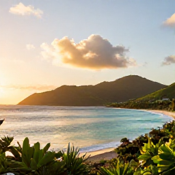 Caribbean Holidays, Antigua Nature Holidays, A peaceful December coastal scene on Antigua, with a quiet turquoise bay, green hills and a warm golden sunrise