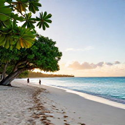 Caribbean Holidays, Antigua Nature Holidays, A quiet Antigua beach at sunrise in January, with turquoise water, pale sand, sea grape trees and a lone visitor walking along the shore