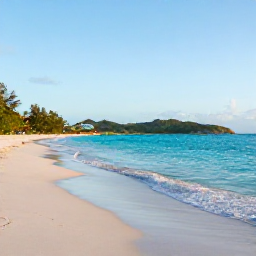 Caribbean Holidays, Antigua Nature Holidays, A quiet Antigua beach at sunrise in November, with clear turquoise water, pale sand and low green hills in the distance