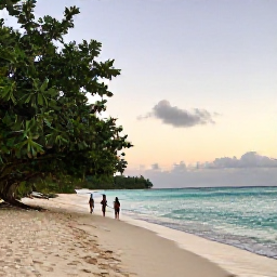 Caribbean Holidays, Antigua Nature Holidays, A quiet Antigua beach at sunrise in October, with turquoise water, pale sand, sea grape trees and a couple walking beside the shore