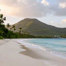 Caribbean Holidays, Antigua Nature Holidays, A quiet Antigua beach in May with turquoise sea, green hills and scattered palm trees under soft morning light