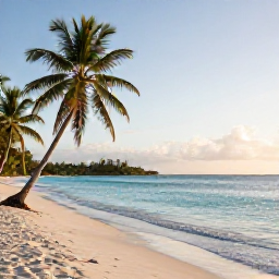 Caribbean Holidays, Antigua Nature Holidays, A quiet Caribbean beach in Antigua at sunrise, with turquoise water, pale sand, gently leaning palms and a clear April sky